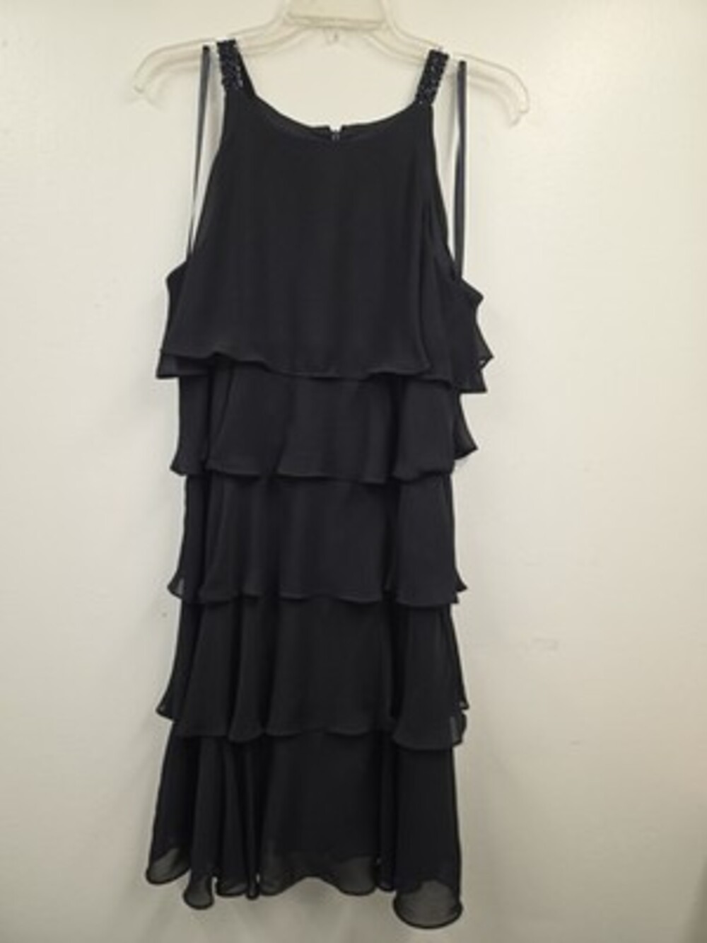 S.L. Fashions Black Beaded Layered Chiffon Lined Cocktail Midi Scoop 12